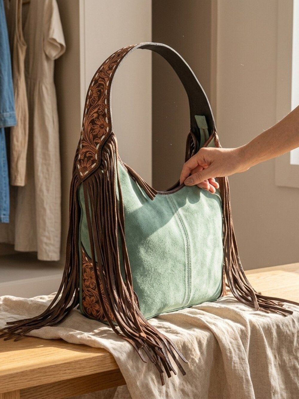American Darling Turquoise Skys Boho Fringe Suede Shoulder Bag - Picture 6 of 8